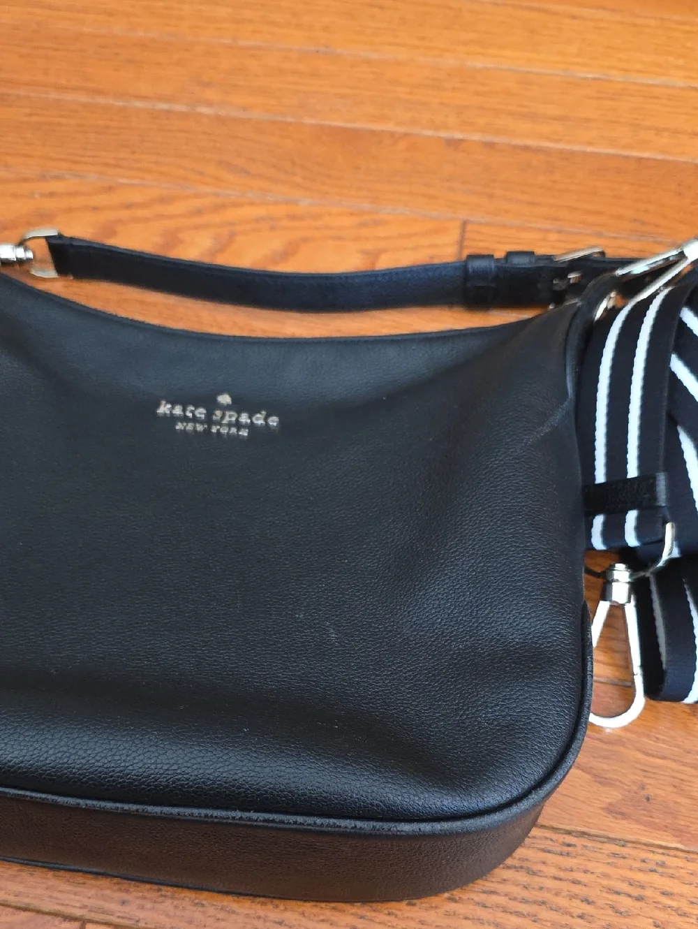 Kate Spade Large Rosie Black Leather Crossbody Bag with Striped And Solid Strap